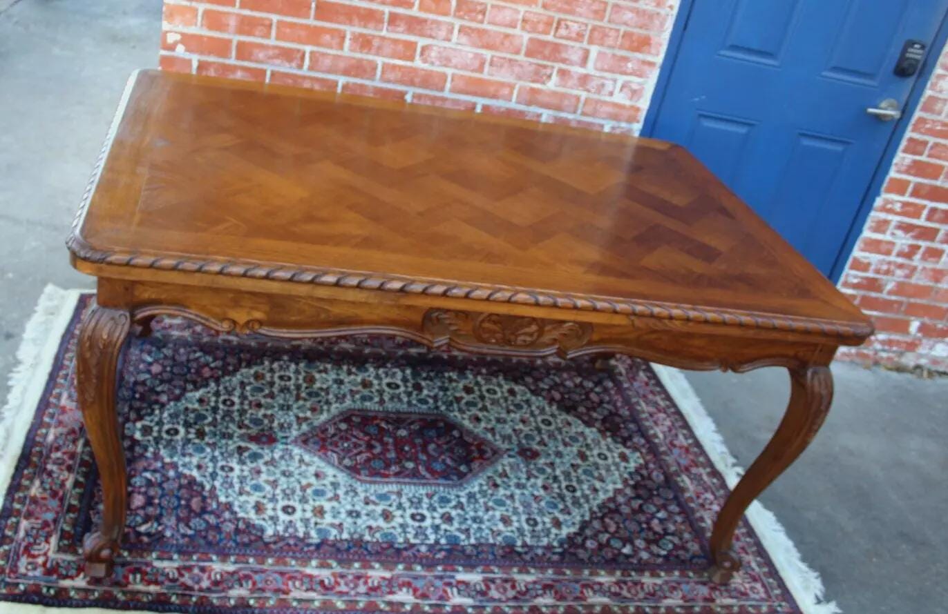 French Antique Louis XV Oak Dining Table | Draw Leaf Expandable Parquet Top