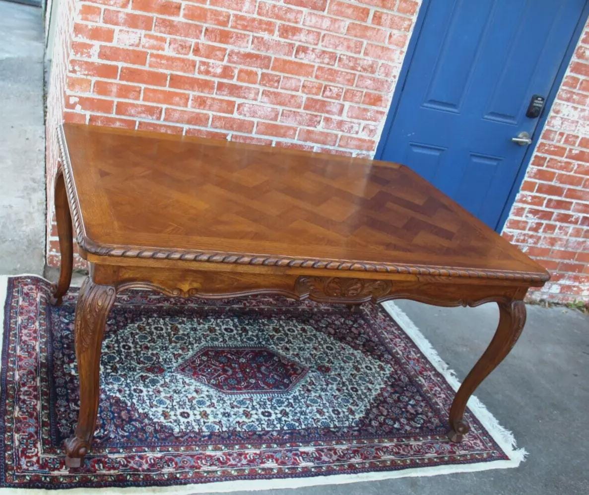 French Antique Louis XV Oak Dining Table | Draw Leaf Expandable Parquet Top