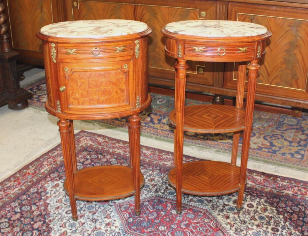 Pair French Antique Louis XVI Nightstands | Marble Top Inlaid Rosewood Tables