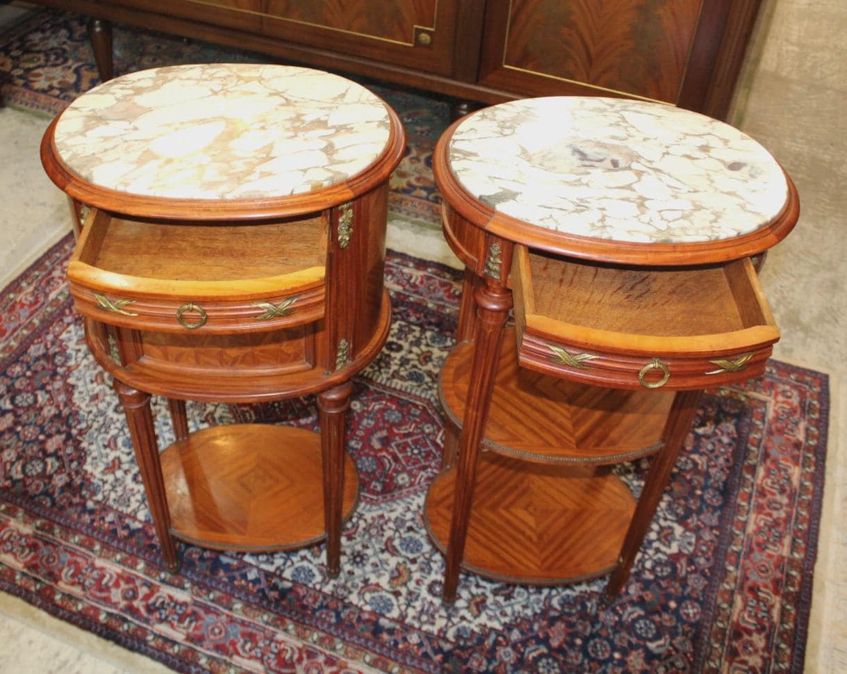 Pair French Antique Louis XVI Nightstands | Marble Top Inlaid Rosewood Tables