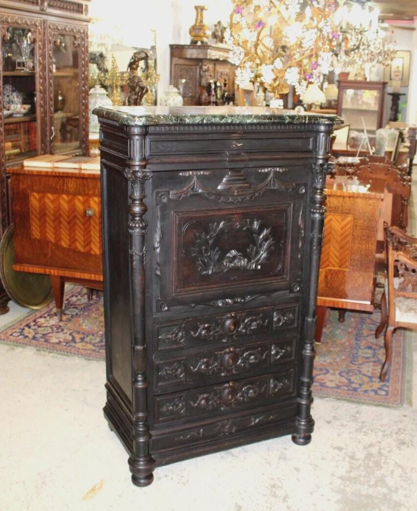 French Antique Napoleon III Secretary Desk | Drop Front Cabinet w/ Hidden Safe