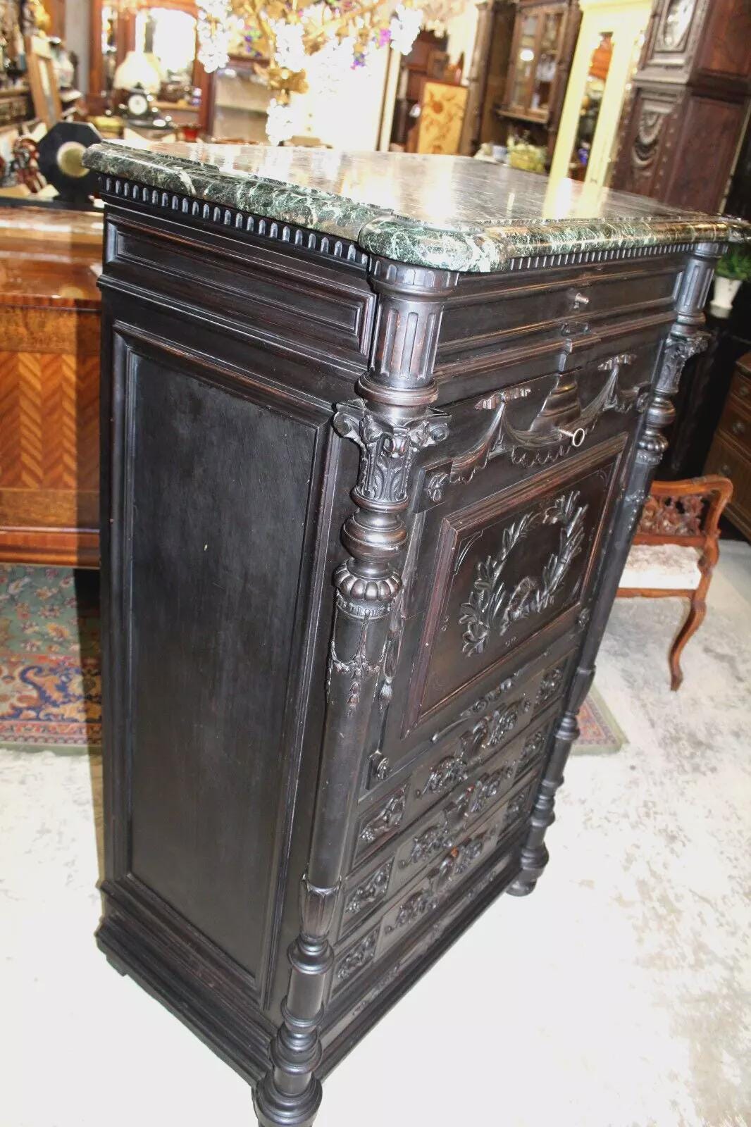 French Antique Napoleon III Secretary Desk | Drop Front Cabinet w/ Hidden Safe