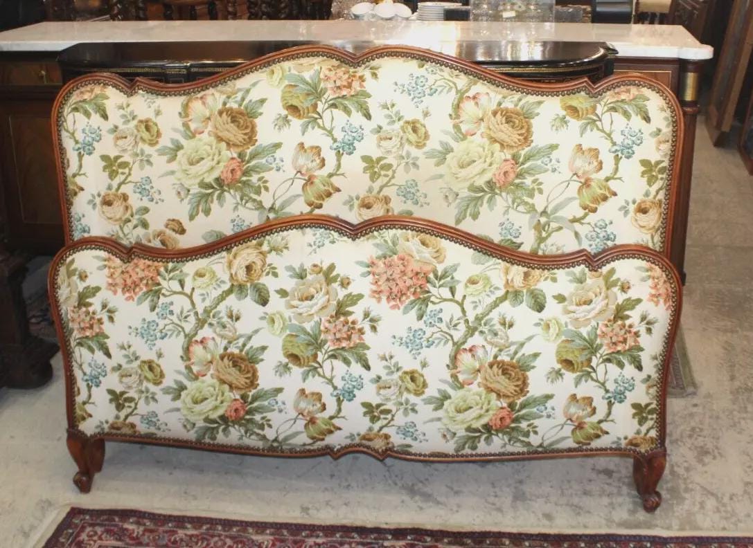 French Antique Louis XV Upholstered Full Bed | Floral Rails & Slats Included