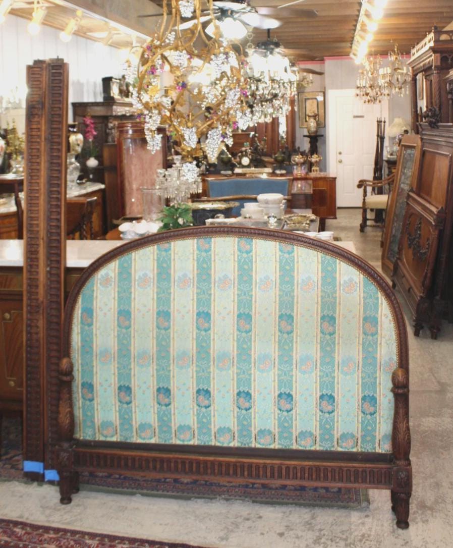 French Antique Dark Oak Louis XVI Full Size Bed w/ Rails & Slats Upholstered