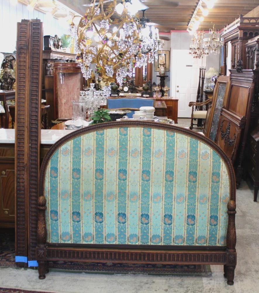 French Antique Dark Oak Louis XVI Full Size Bed w/ Rails & Slats Upholstered
