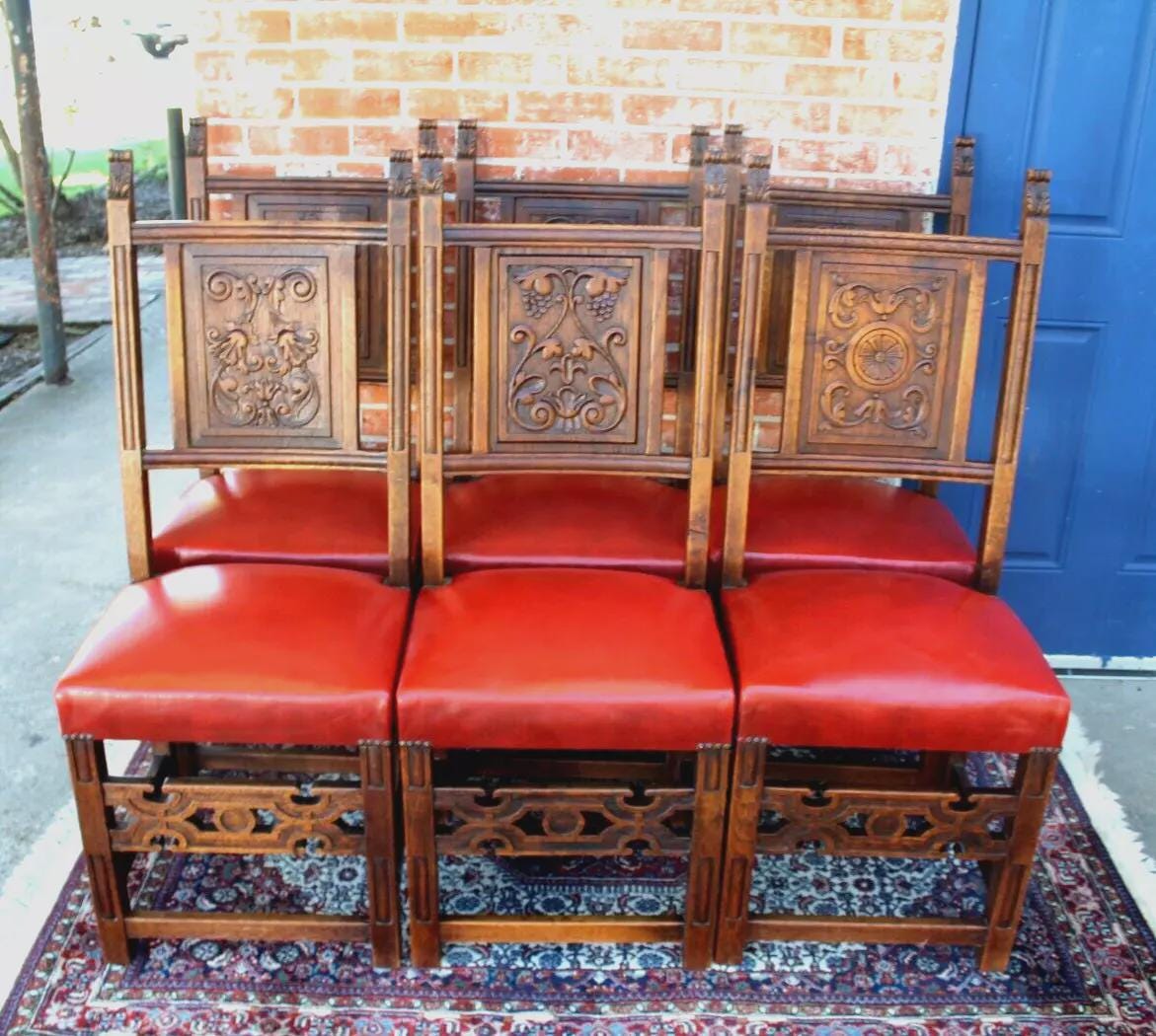Set 6 French Antique Oak Renaissance Dining Chairs | Red Vinyl Upholstered Seats