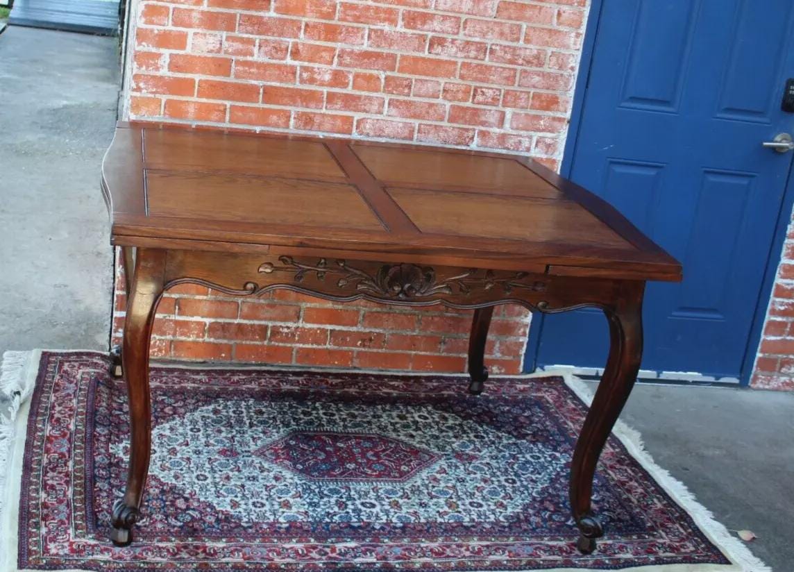 French Antique Dark Oak Louis XV Draw Leaf Dining Table | Carved Cabriole Legs