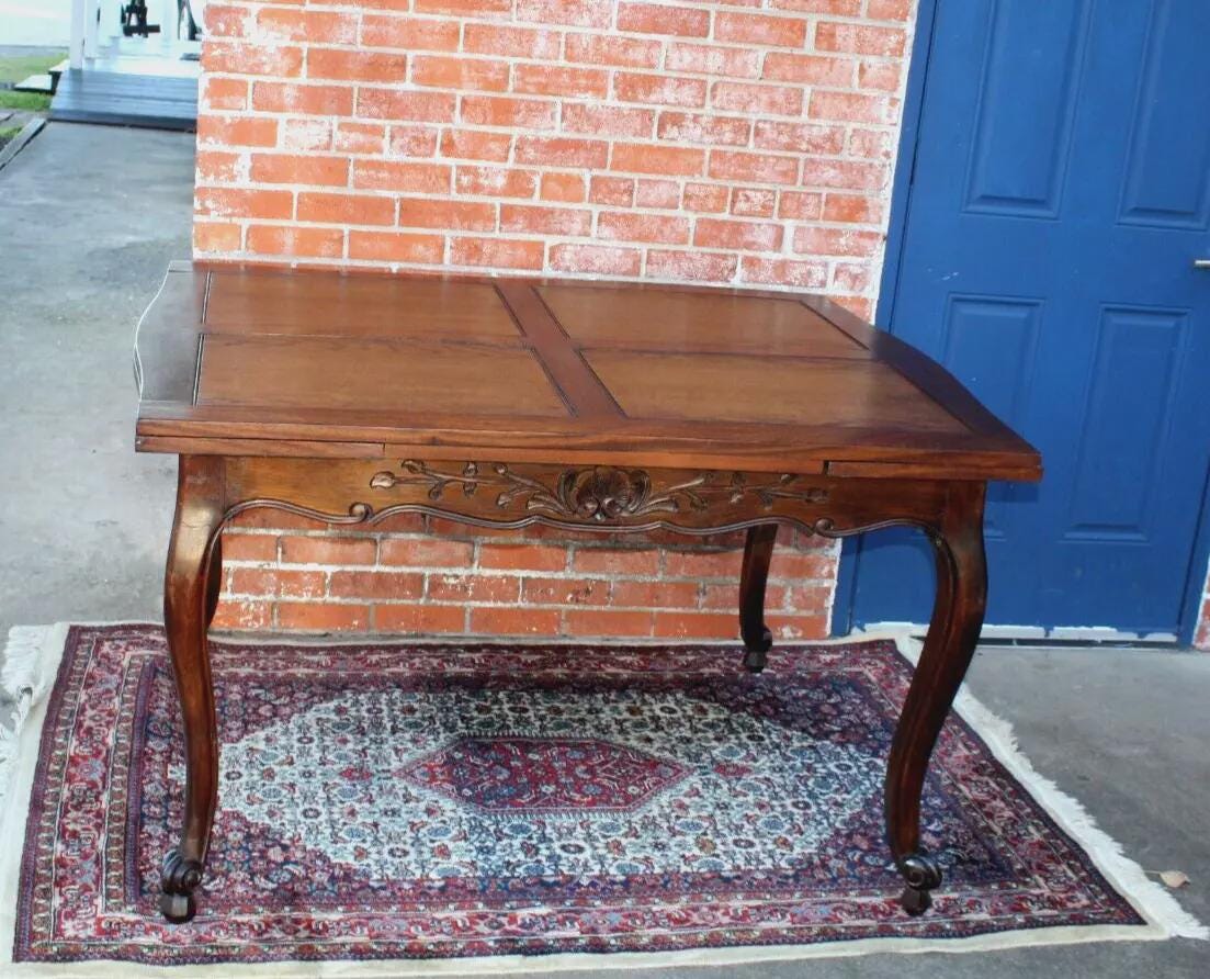 French Antique Dark Oak Louis XV Draw Leaf Dining Table | Carved Cabriole Legs
