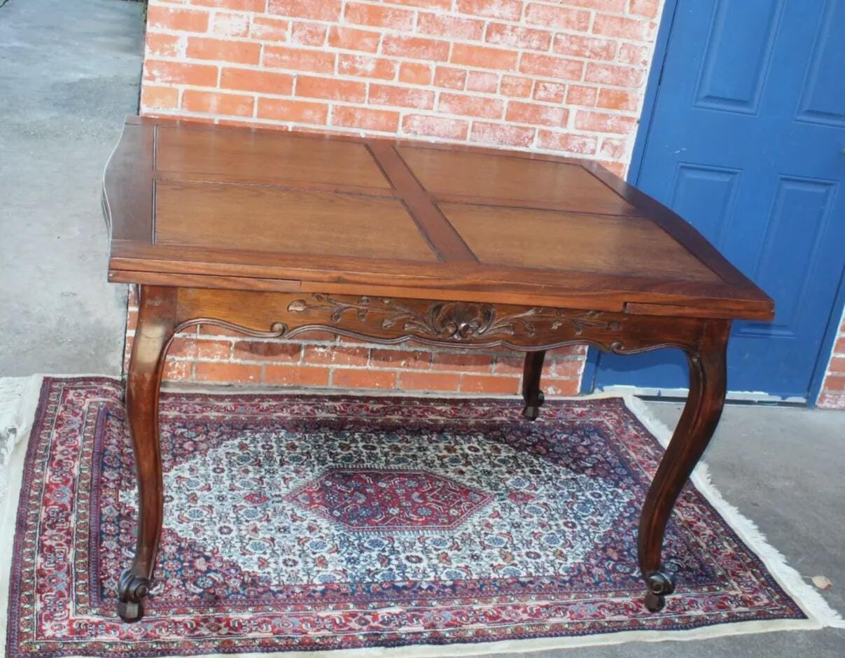 French Antique Dark Oak Louis XV Draw Leaf Dining Table | Carved Cabriole Legs