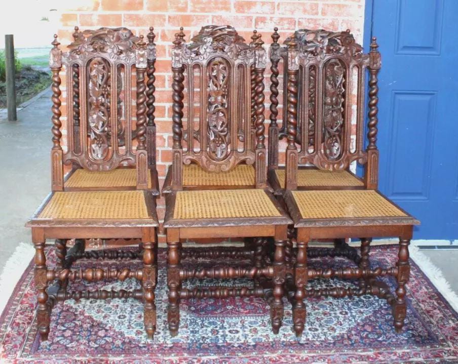 Set of 6 French Antique Louis XIII Oak Dining Chairs | Cane Seats | Carved Backs