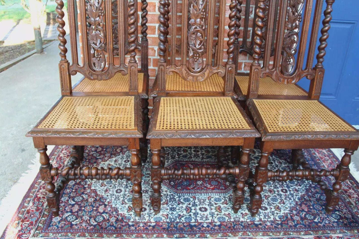 Set of 6 French Antique Louis XIII Oak Dining Chairs | Cane Seats | Carved Backs