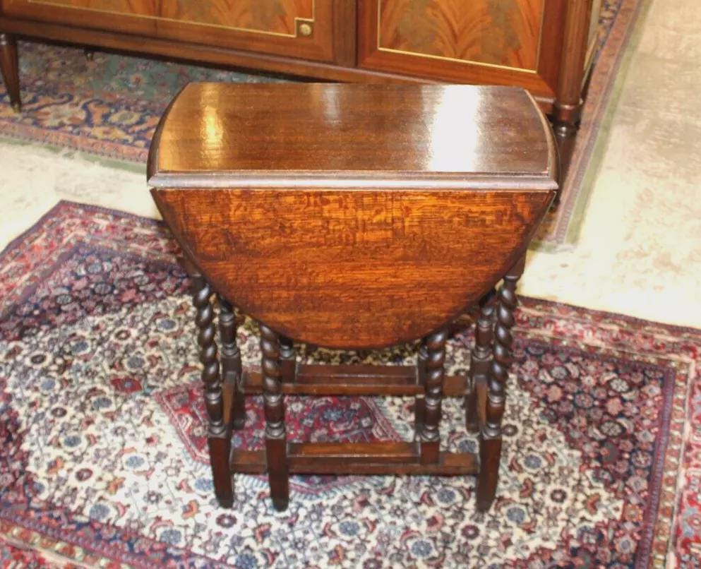 English Antique Jacobean Drop Leaf Table | Oak Barley Twist Small Side Table
