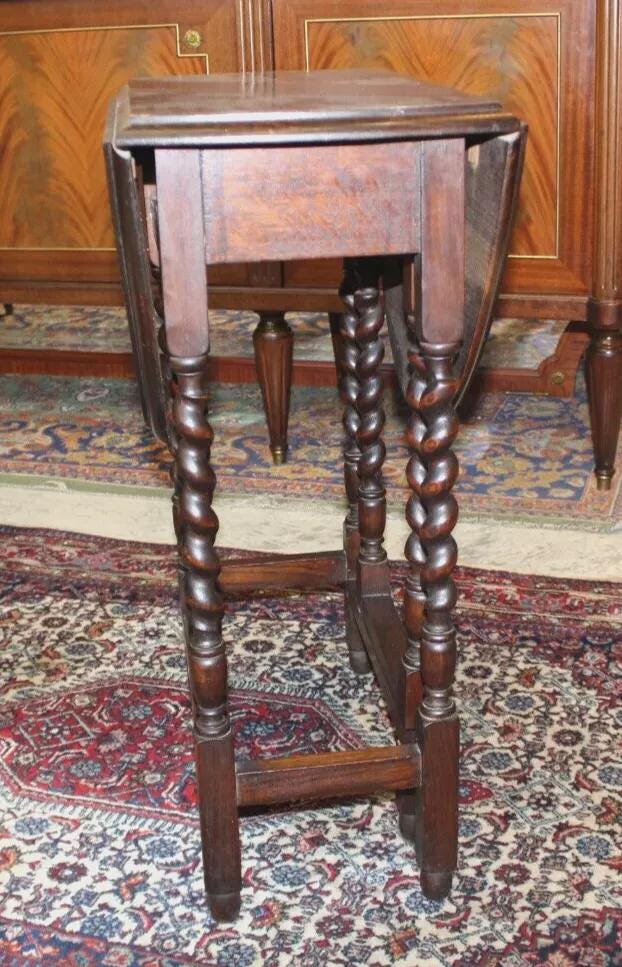English Antique Jacobean Drop Leaf Table | Oak Barley Twist Small Side Table