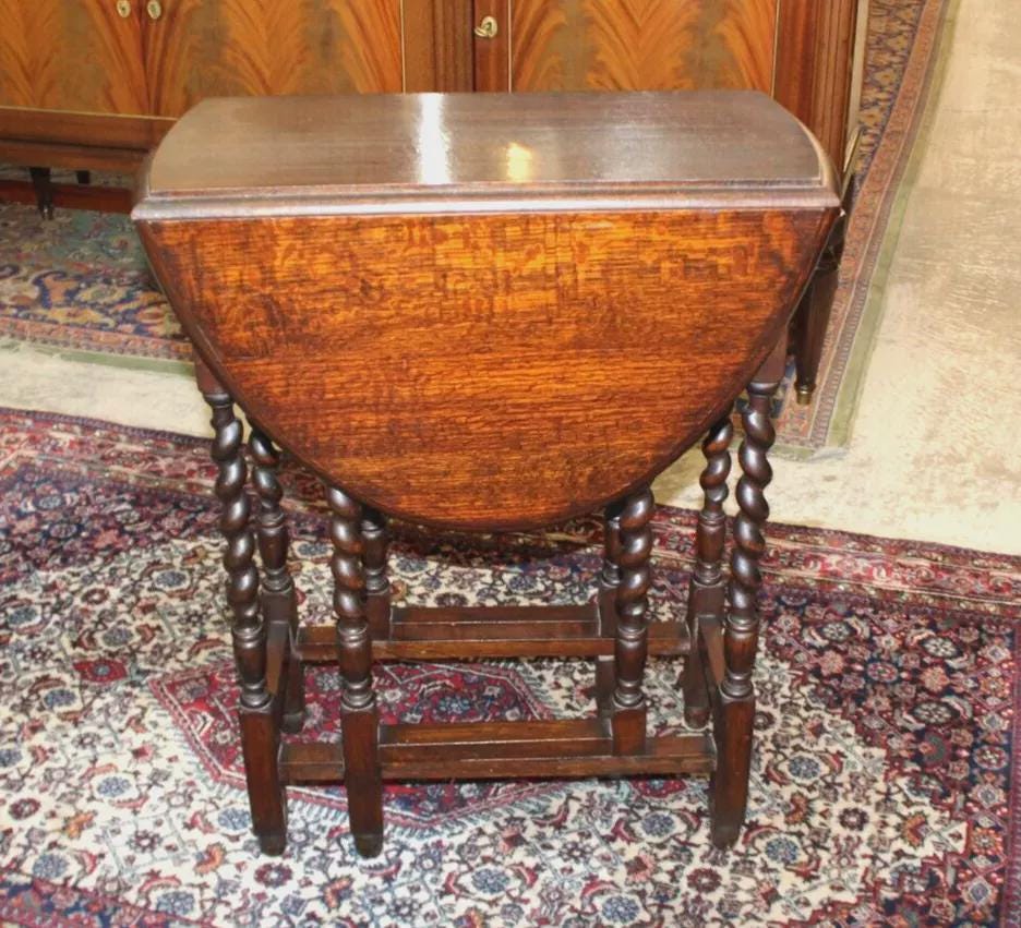 English Antique Jacobean Drop Leaf Table | Oak Barley Twist Small Side Table