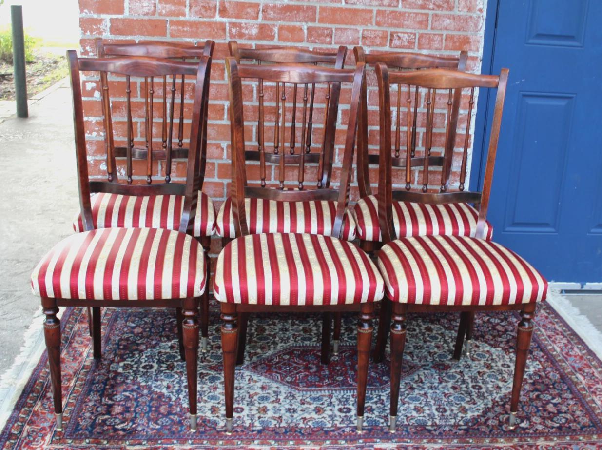 Set of 6 French Antique Chiavari Dining Chairs | Red Striped Upholstered Seats