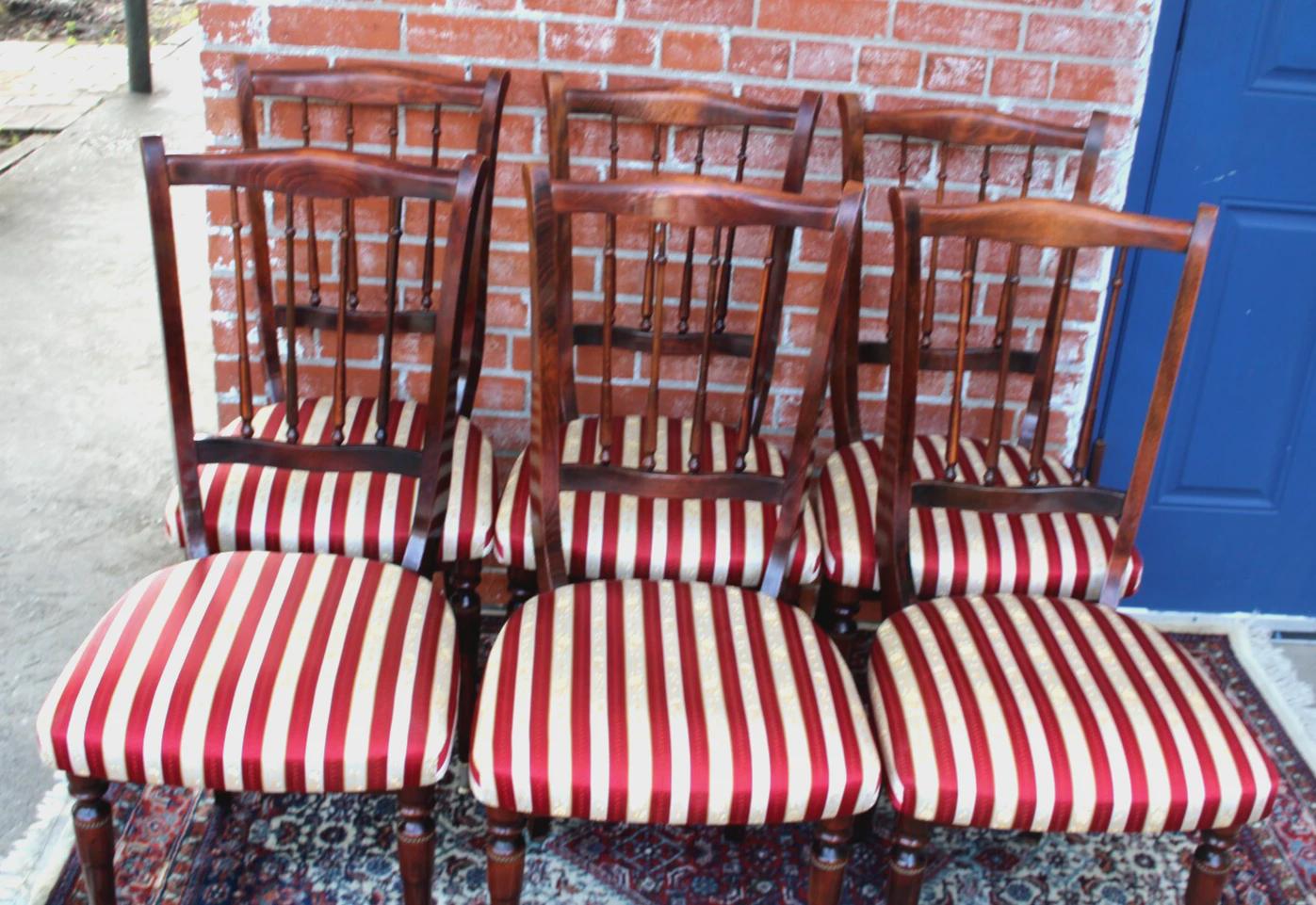 Set of 6 French Antique Chiavari Dining Chairs | Red Striped Upholstered Seats