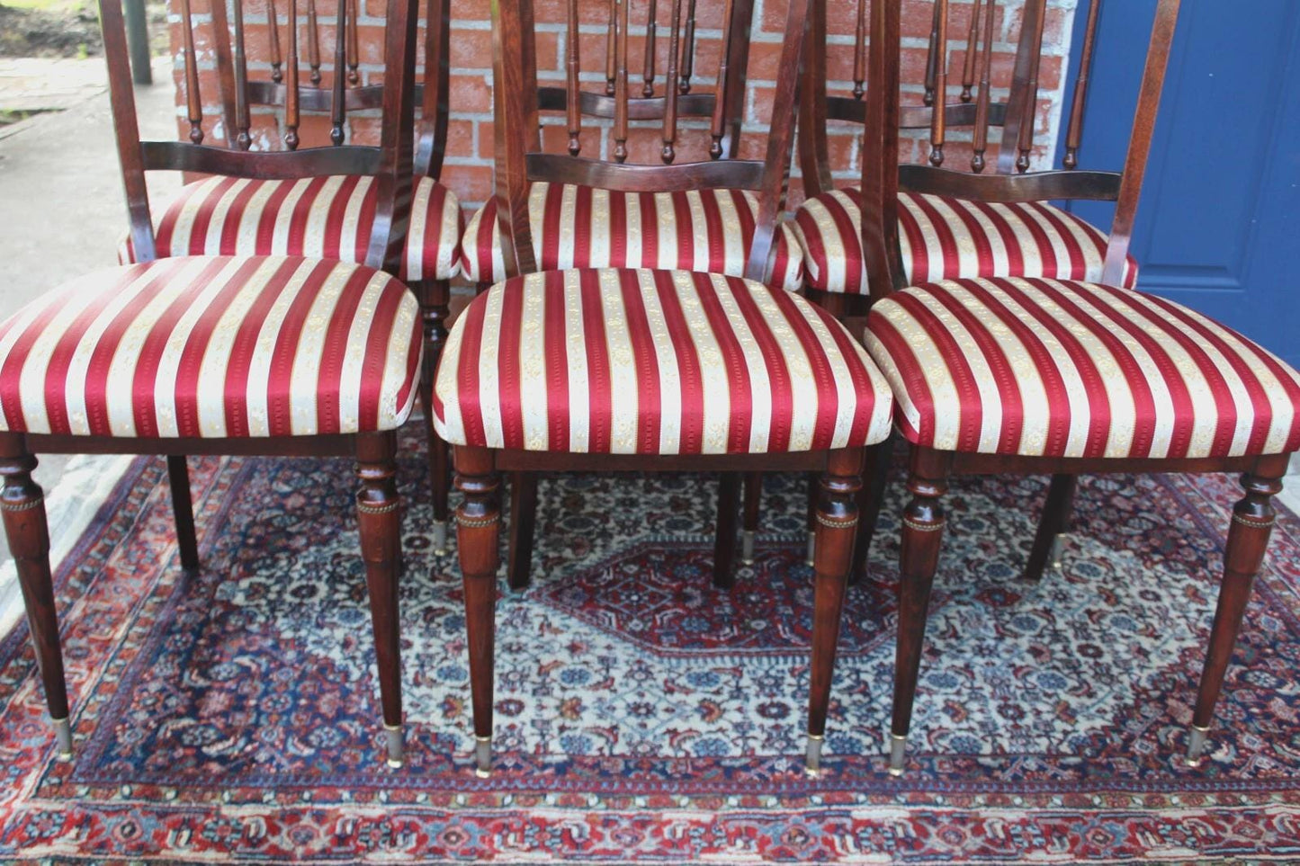 Set of 6 French Antique Chiavari Dining Chairs | Red Striped Upholstered Seats