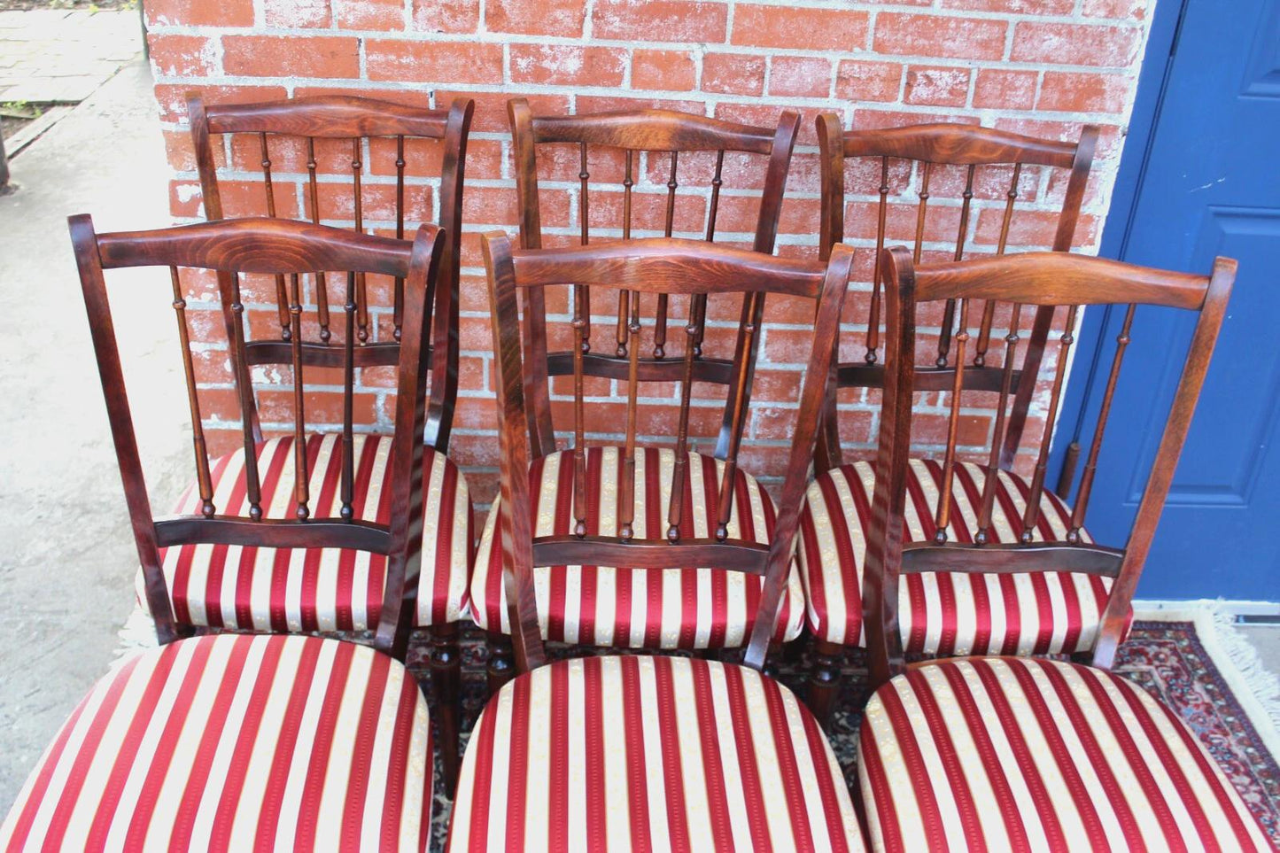 Set of 6 French Antique Chiavari Dining Chairs | Red Striped Upholstered Seats