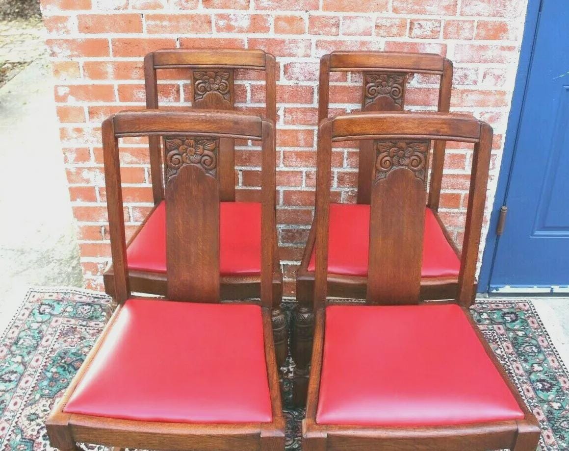 Set of 4 English Antique Oak Art Deco Dining Chairs | Red Vinyl Seats ~ 1930s