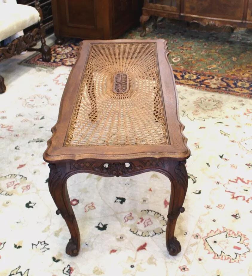French Antique Oak Louis XV Coffee Table | Carved Frame & Glass Top Inset