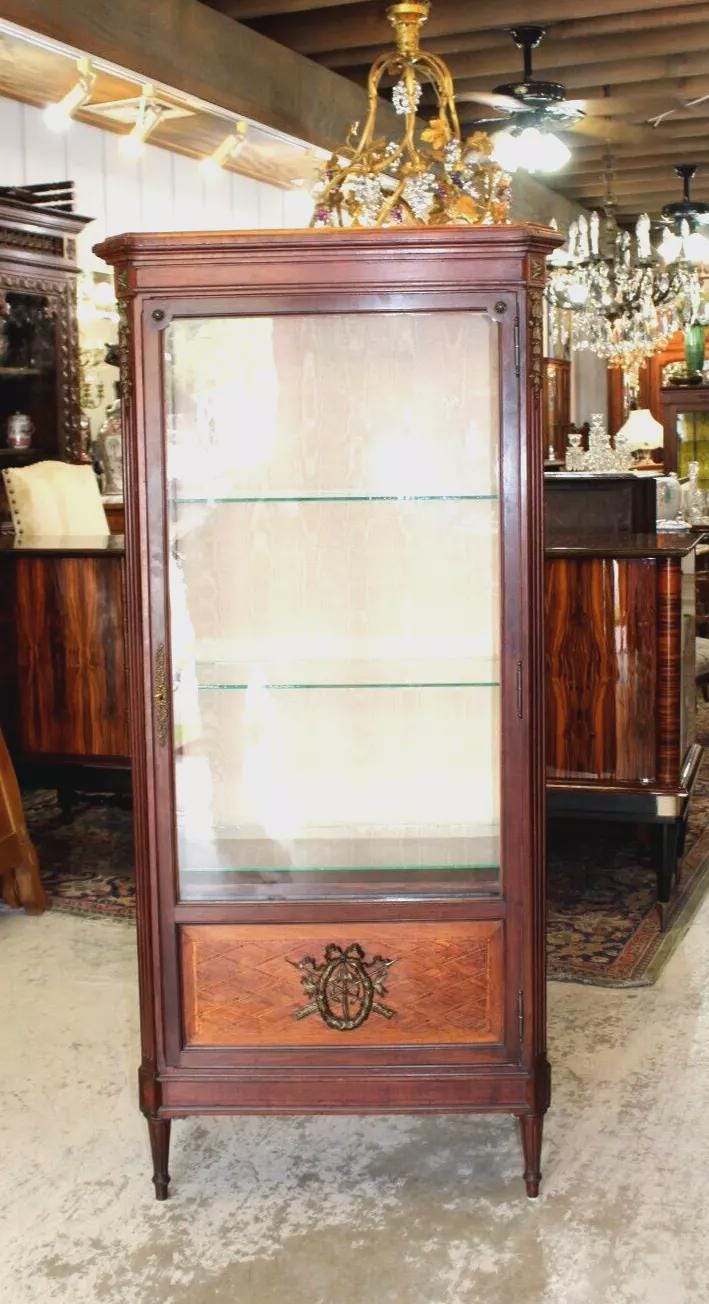 French Antique Mahogany Louis XVI Inlaid Display Cabinet w/ 3 Glass Shelves