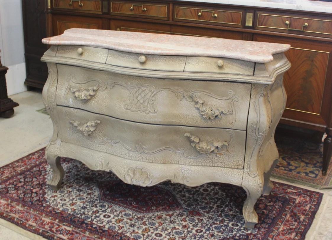 French Antique Painted Louis XV Chest | Marble Top | Carved Drawers & Curves