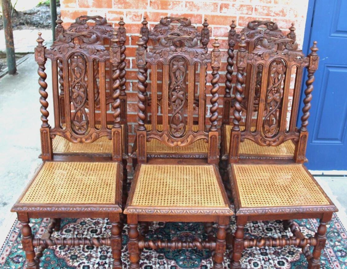 Set of 6 French Antique Louis XIII Oak Dining Chairs w/ Carved Backs & Cane