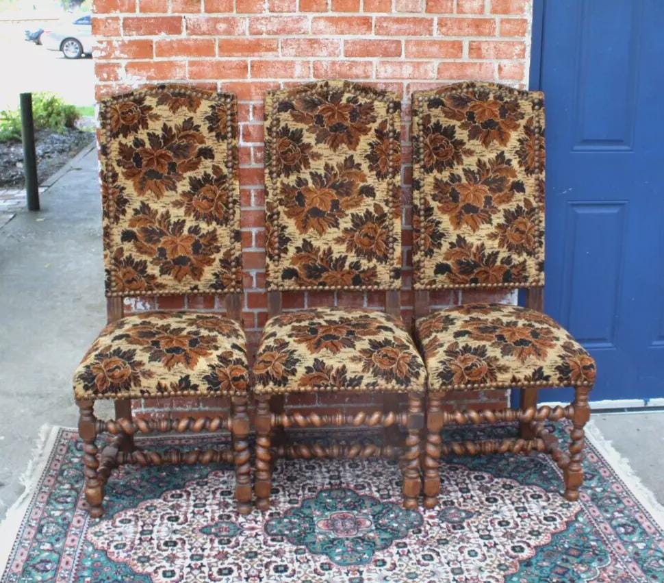 Set of 6 French Antique Louis XIV Walnut Dining Chairs w/ Floral Upholstery