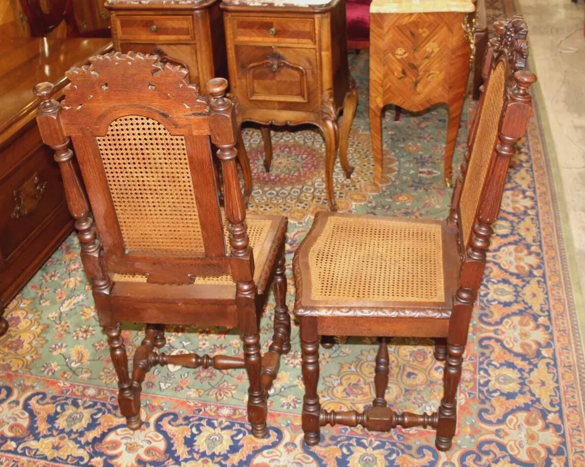 Set of 2 French Antique Renaissance Oak Dining Chairs w/ Cane Seats