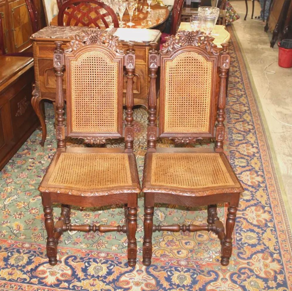 Set of 2 French Antique Renaissance Oak Dining Chairs w/ Cane Seats