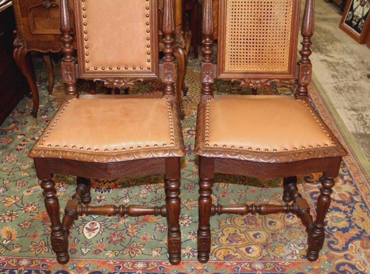 Set of 2 French Antique Renaissance Oak Dining Chairs w/ Leather Upholstery