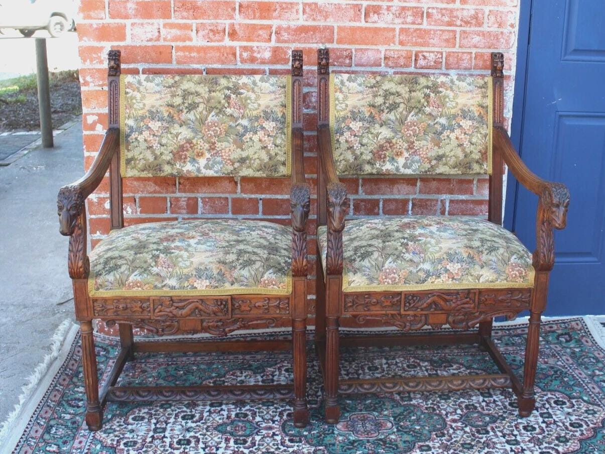 Pair of French Antique Renaissance Walnut Armchairs Upholstered Floral Seats