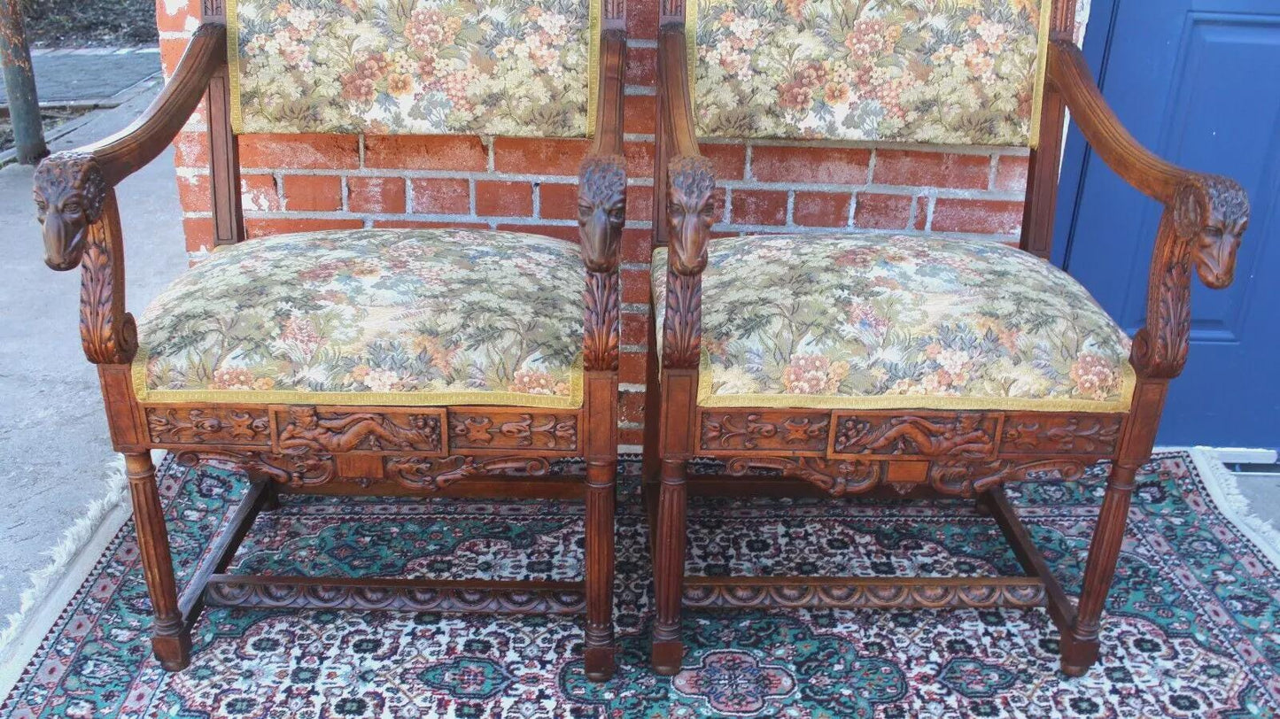 Pair of French Antique Renaissance Walnut Armchairs Upholstered Floral Seats
