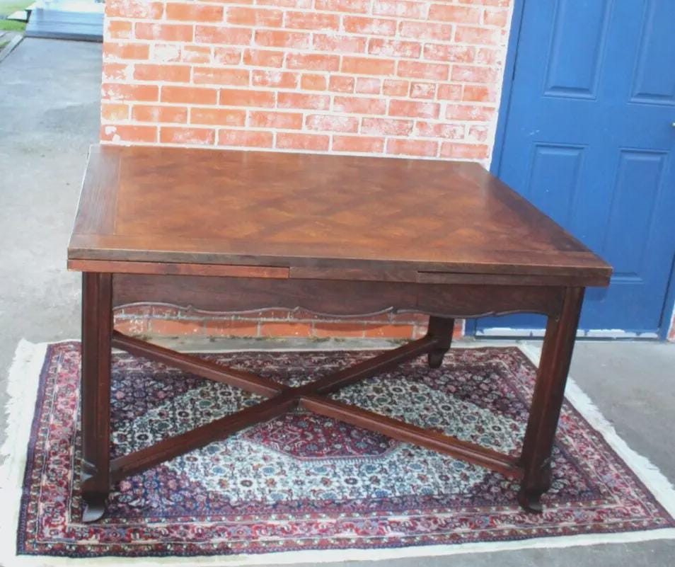 French Antique Dark Oak Louis XV Draw Leaf Dining Table | Parquet Top