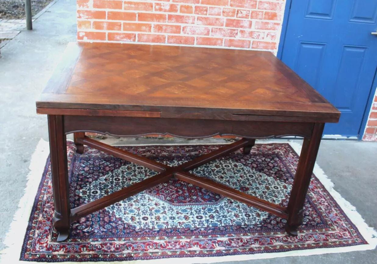 French Antique Dark Oak Louis XV Draw Leaf Dining Table | Parquet Top