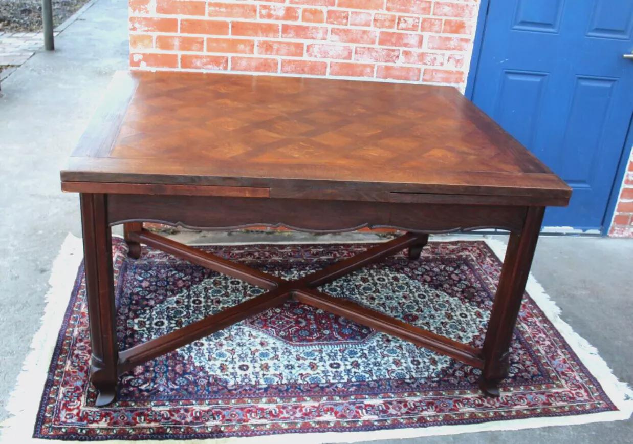 French Antique Dark Oak Louis XV Draw Leaf Dining Table | Parquet Top