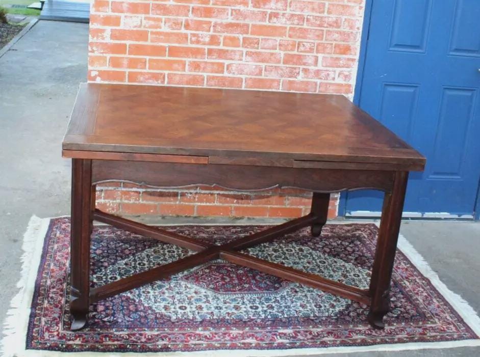 French Antique Dark Oak Louis XV Draw Leaf Dining Table | Parquet Top
