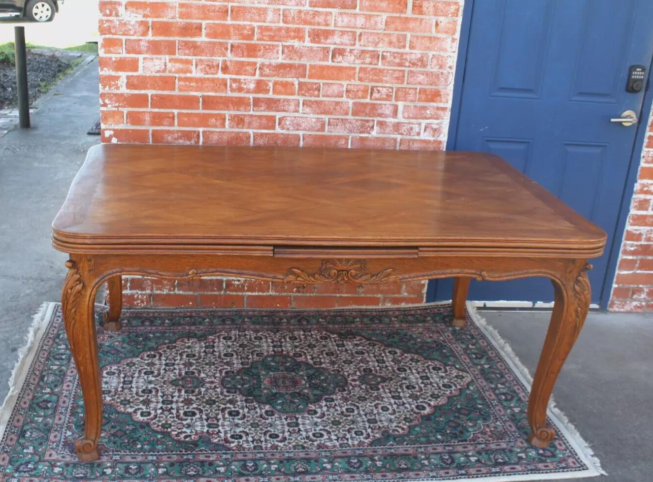 French Antique Louis XV Oak Dining Table | Carved Floral Apron & Parquet Top