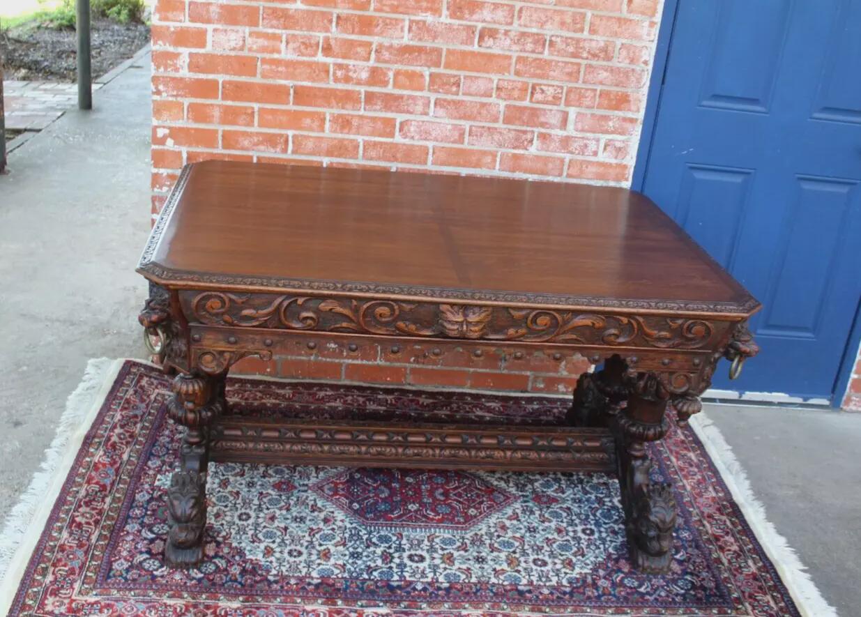 French Antique Renaissance Oak Desk | Carved Writing Table w/ Lion Heads