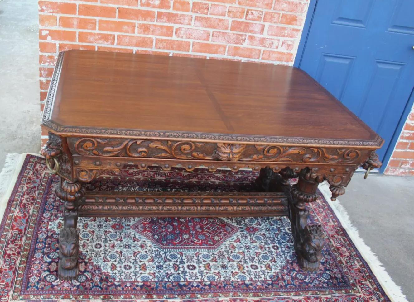 French Antique Renaissance Oak Desk | Carved Writing Table w/ Lion Heads