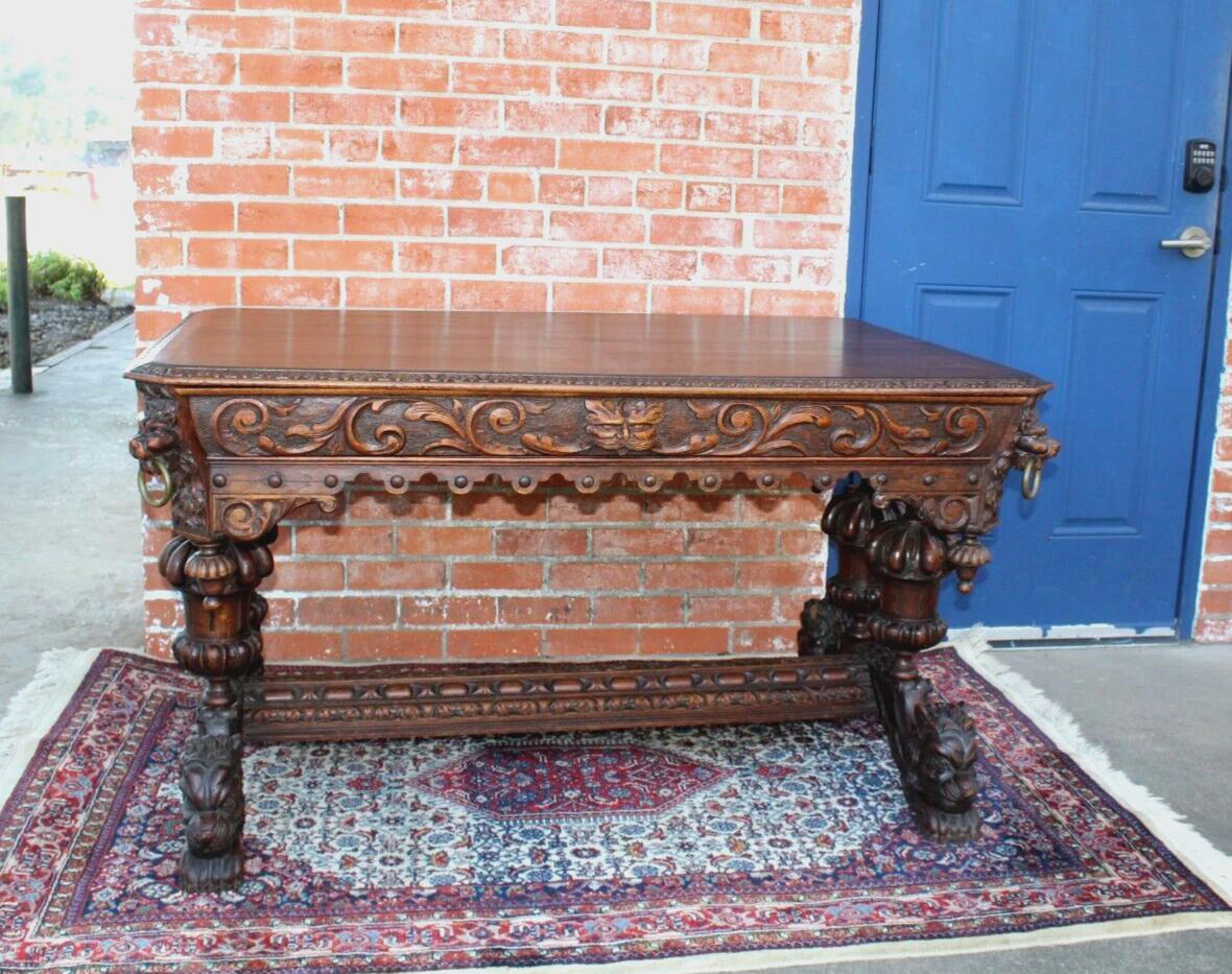 French Antique Renaissance Oak Desk | Carved Writing Table w/ Lion Heads