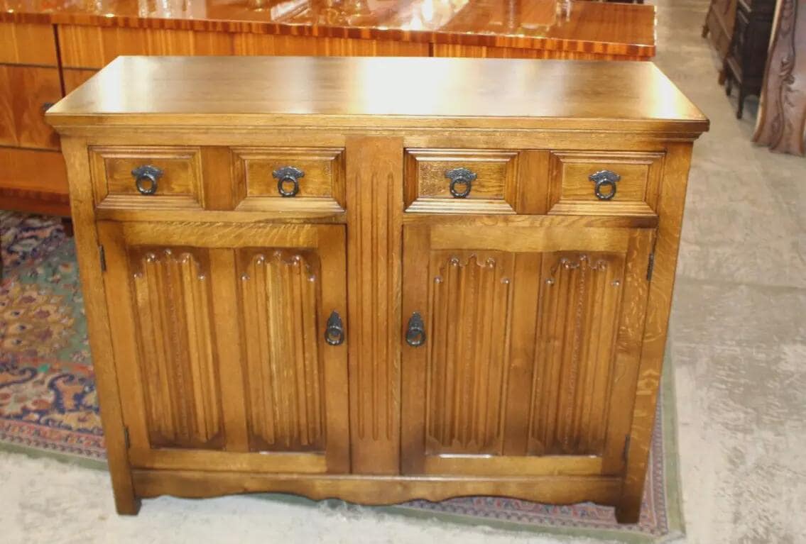 English Antique Oak Sideboard Buffet Cabinet | Small Bar Storage Console