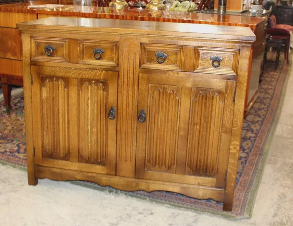 English Antique Oak Sideboard Buffet Cabinet | Small Bar Storage Console