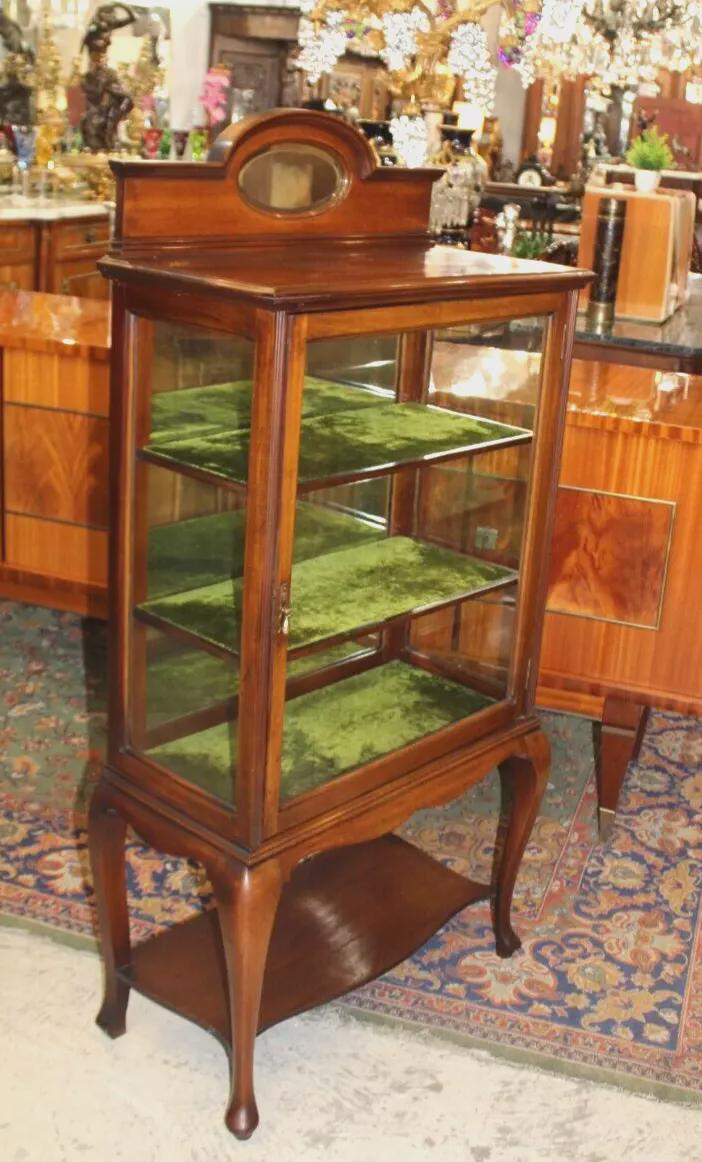 English Antique Mahogany Queen Anne Display Cabinet | Glass Sides & Mirror