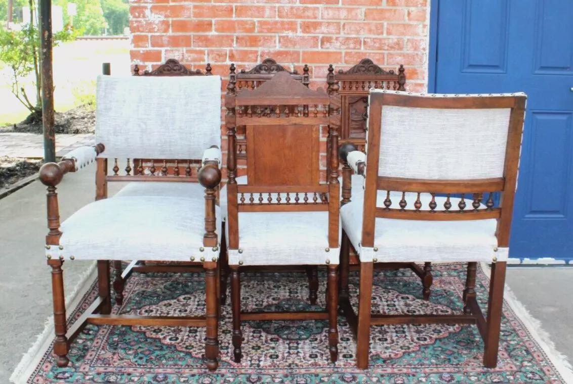 Set of 6 French Antique Oak Brittany Dining Chairs | New Upholstery Fabric