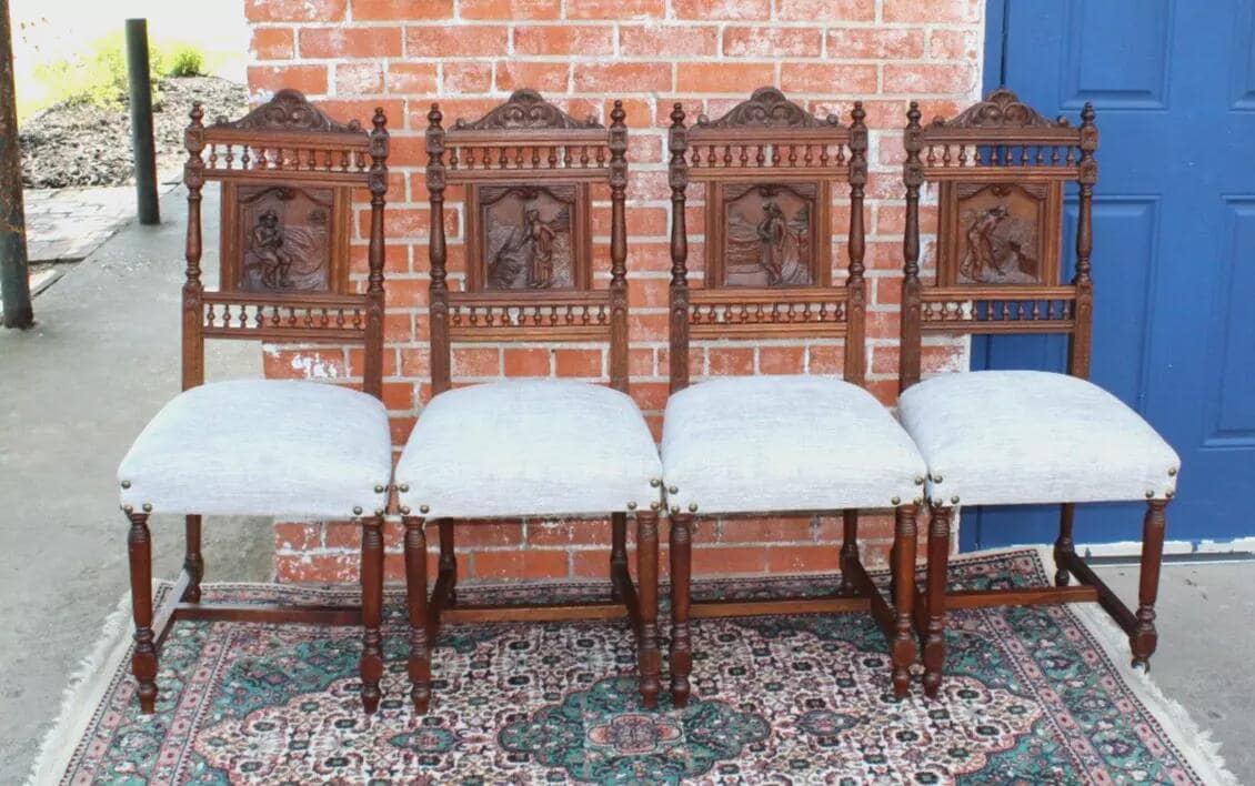 Set of 6 French Antique Oak Brittany Dining Chairs | New Upholstery Fabric