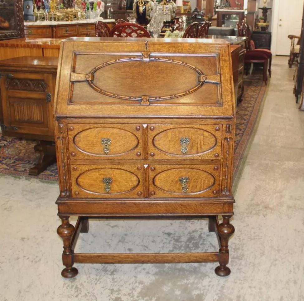 English Antique Oak William & Mary Drop Front Desk | Carved Detail and Drawers