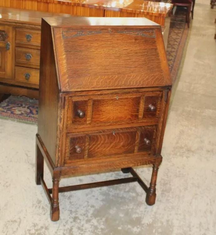 English Antique Tiger Oak Edwardian Drop Front Desk | Compact Writing Bureau