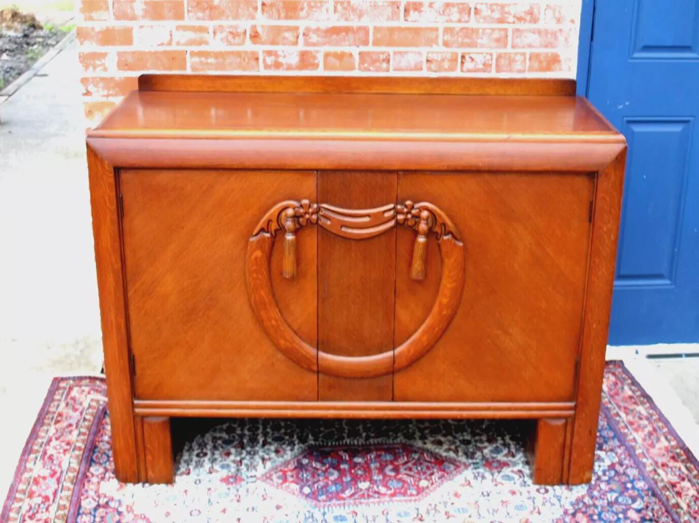 English Antique Oak Art Deco Sideboard | Small Buffet or Bar Cabinet
