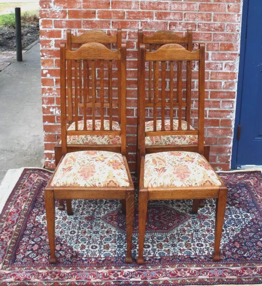 Pair of Antique Oak Arts & Crafts Dining Chairs w/ Floral Upholstery